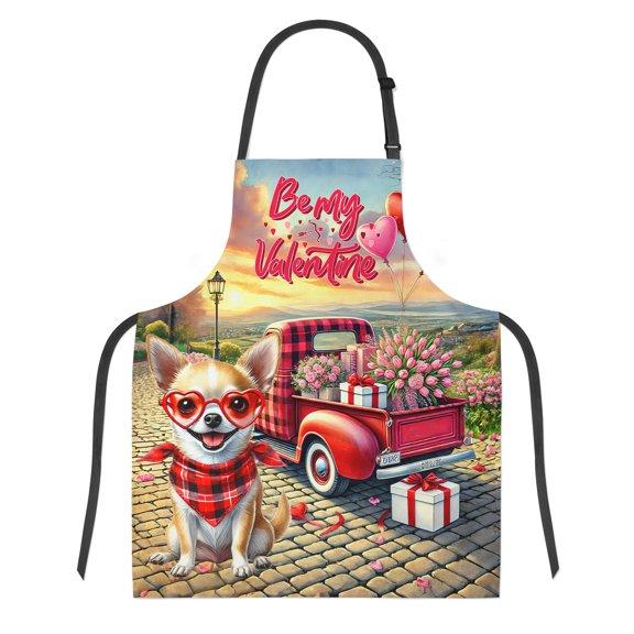 Be My Valentine's Chihuahua Truck Full of Love Flower Balloon Apron Dog Lover Gifts Idea for Cooking Grilling Baking Painting Gardening - 02029