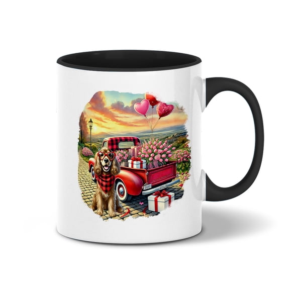 Be My Valentine's Cocker Spaniel Truck Full of Love Flower Balloon 11oz Accent Two-tone Mug Cockers Dog Lover Gifts Coffee Tea Cup - 02029