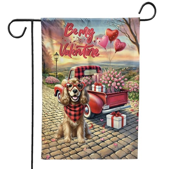 Be My Valentine's Cocker Spaniel Truck Full of Love Flower Balloon Garden Flag 12x18in Double Sided Cockers Dog Lover Gifts Outdoor Decor - 02029
