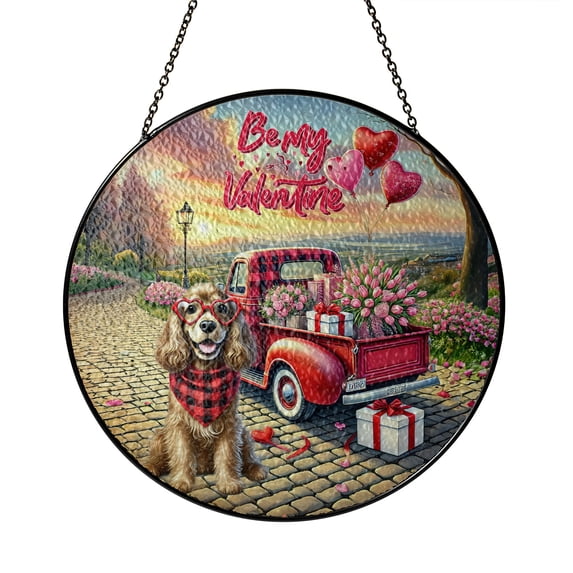 Be My Valentine's Cocker Spaniel Truck Full of Love Flower Balloon Stained Glass Suncatcher Cockers Dog Lover Gifts Window Hanging Sign Decor - 02029