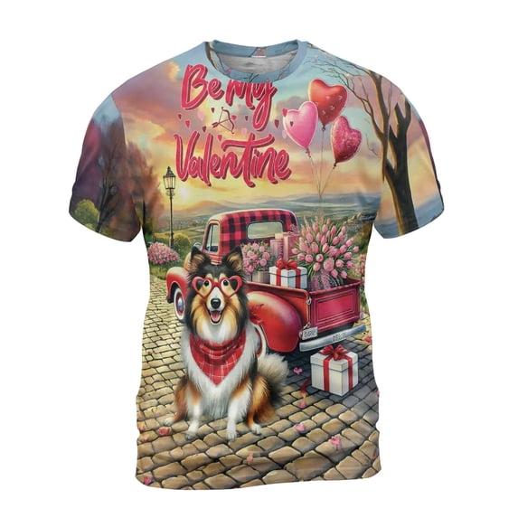 Be My Valentine's Collie Truck Full of Love Flower Balloon All Over Print 3D Shirt Unisex Merch Collie Dog Lover Gifts Idea - 02029