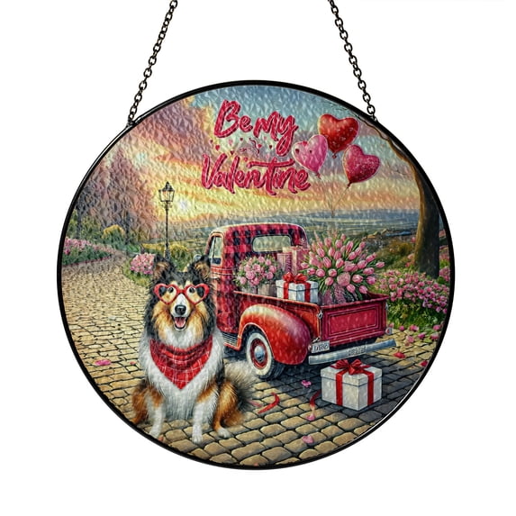 Be My Valentine's Collie Truck Full of Love Flower Balloon Stained Glass Suncatcher Collie Dog Lover Gifts Idea Window Hanging Sign Decor - 02029