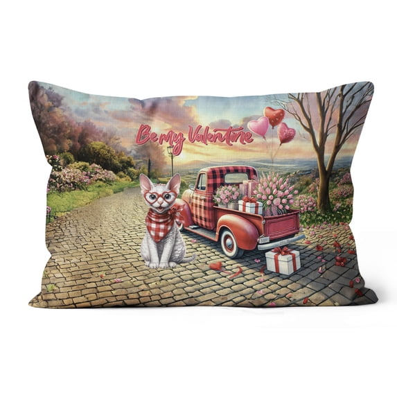 Be My Valentine's Devon Rex Truck Full of Love Flower Balloon Pillow Cushion Double Sided Cat Lover Kitten Owner Gifts Throw Pillow - 02029