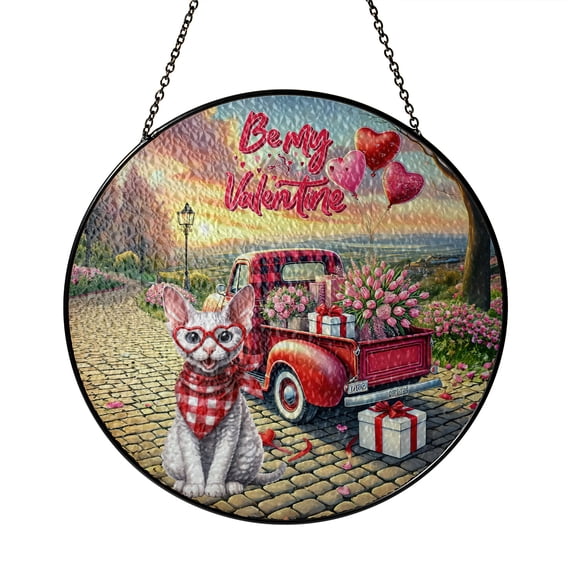 Be My Valentine's Devon Rex Truck Full of Love Flower Balloon Stained Glass Suncatcher Cat Lover Kitten Owner Gifts Window Hanging Sign Decor - 02029