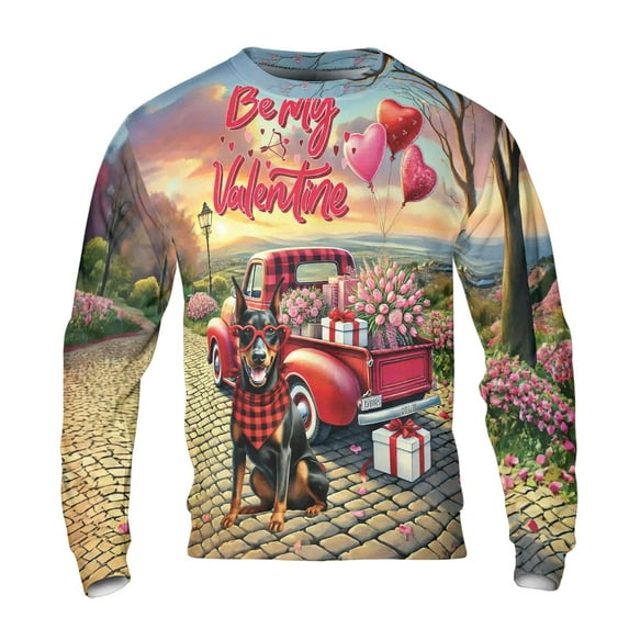 Be My Valentine's Doberman Pinscher Truck Full of Love Flower Balloon All Over Print 3D Sweatshirt Unisex Merch Doberman Dog Lover Gifts - 02029