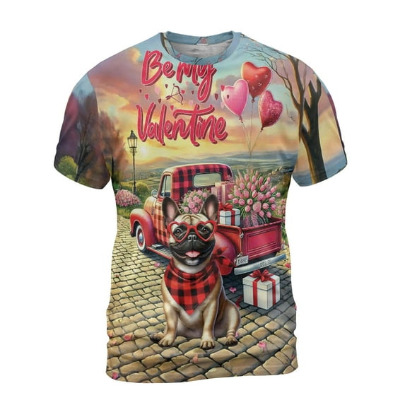 Be My Valentine's French Bulldog Truck Full of Love Flower Balloon All Over Print 3D Shirt Unisex Merch Dog Lover Gifts - 02029