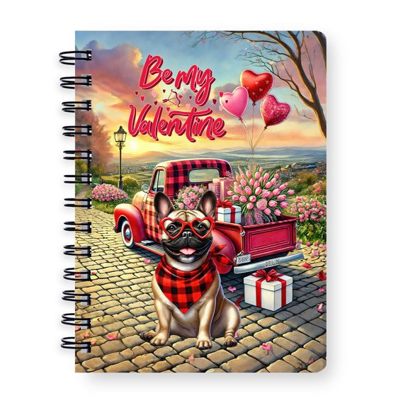 Be My Valentine's French Bulldog Truck Full of Love Flower Balloon Spiral Bound Journal Dog Lover Gifts 5x7in Spiral Notebook - 02029