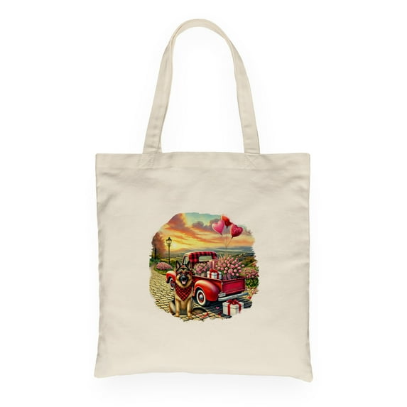 Be My Valentine's German Shepherd Truck Full of Love Flower Balloon Canvas Tote Bag Alsatian Dog Lover Gifts Reusable Shopping Grocery Bag - 02029