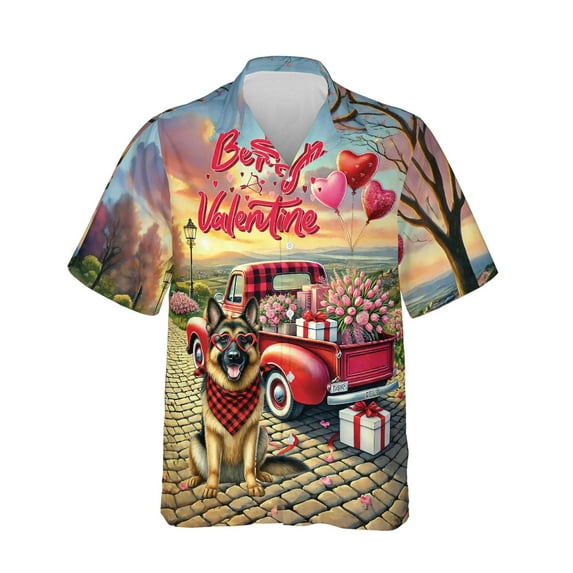 Be My Valentine's German Shepherd Truck Full of Love Flower Balloon Hawaiian Shirt Breathable Summer Unisex Merch Alsatian Dog Lover Gifts - 02029