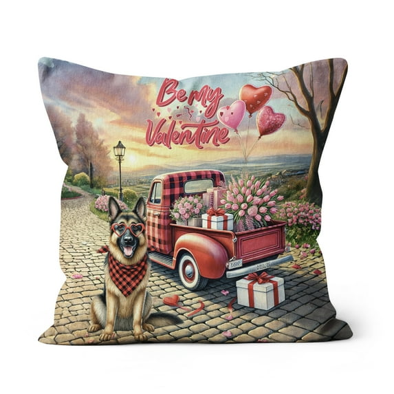 Be My Valentine's German Shepherd Truck Full of Love Flower Balloon Pillow Cushion Double Sided Alsatian Dog Lover Gifts Throw Pillow - 02029