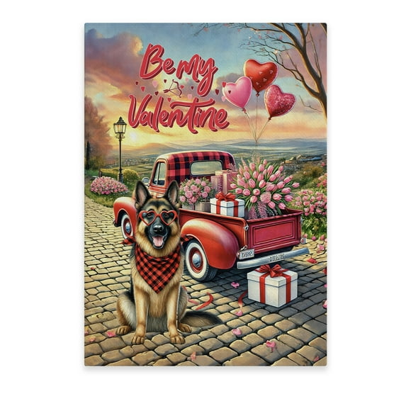 Be My Valentine's German Shepherd Truck Full of Love Flower Balloon Vertical Matte Canvas Poster Alsatian Dog Lover Gifts Wall Art Home Decor - 02029