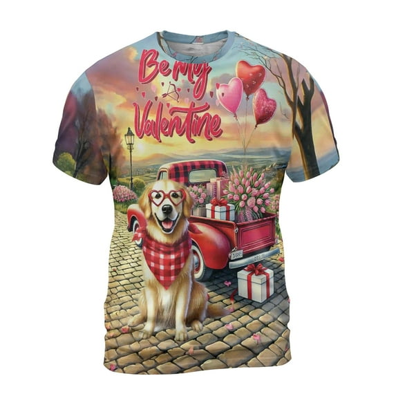 Be My Valentine's Golden Retriever Truck Full of Love Flower Balloon All Over Print 3D Shirt Unisex Merch Goldens Dog Lover Gifts Idea - 02029