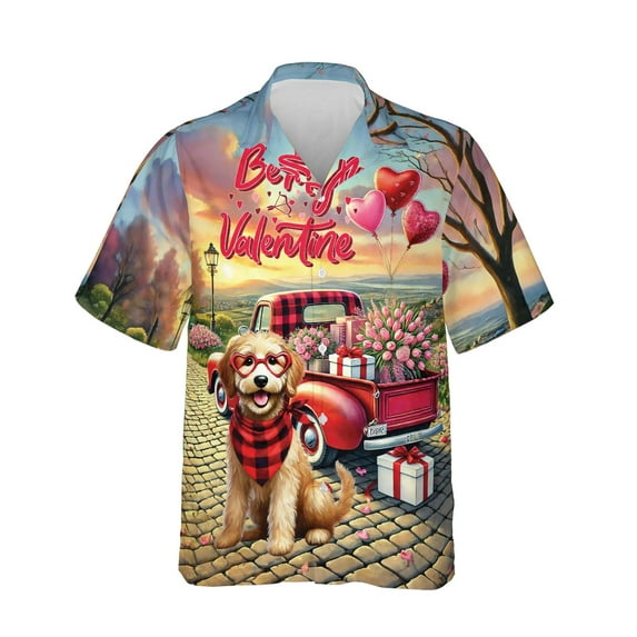 Be My Valentine's Goldendoodle Truck Full of Love Flower Balloon Hawaiian Shirt Breathable Summer Unisex Merch Doodle Dog Lover Gifts Idea - 02029