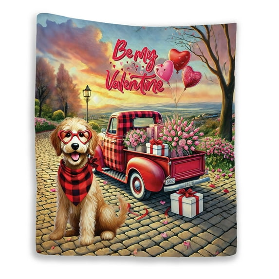 Be My Valentine's Goldendoodle Truck Full of Love Flower Balloon Quilt Blanket Doodle Dog Lover Gifts Idea Cozy Comforter Throw Blanket - 02029