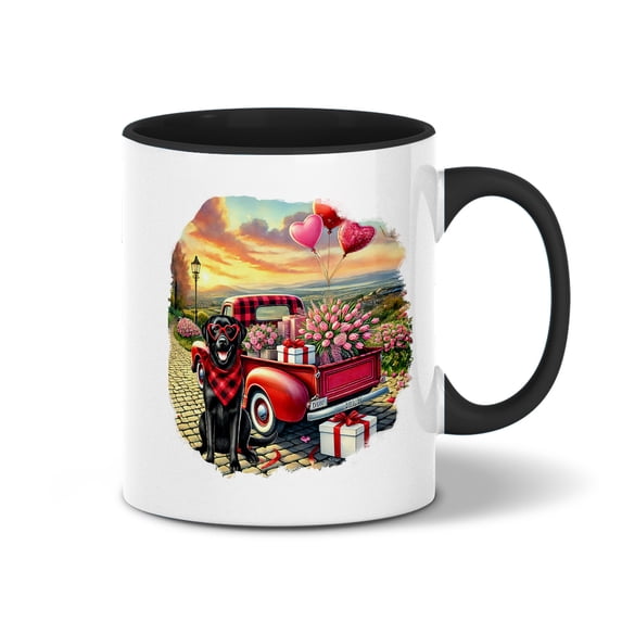 Be My Valentine's Labrador Retriever Truck Full of Love Flower Balloon 11oz Accent Two-tone Mug Lab Dog Lover Gifts Coffee Tea Cup - 02029