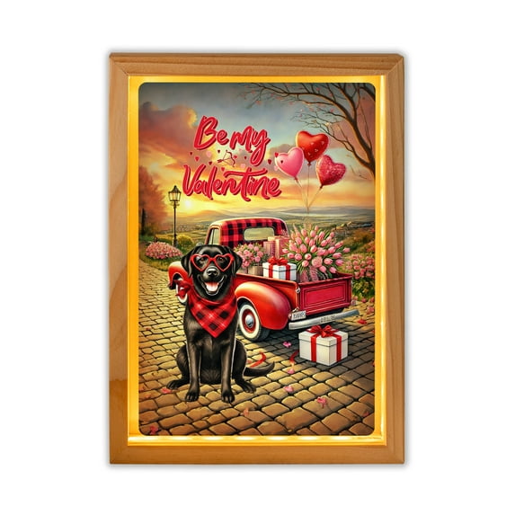 Be My Valentine's Labrador Retriever Truck Full of Love Flower Balloon Acrylic Plaque with Wood Photo Frame Box Lab Dog Lover Gifts Light Box - 02029