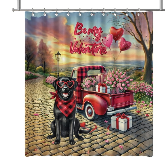 Be My Valentine's Labrador Retriever Truck Full of Love Flower Balloon Shower Curtain Lab Dog Lover Gifts Waterproof Bathroom Bathtub Curtain - 02029