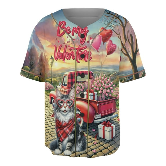 Be My Valentine's Maine Coon Truck Full of Love Flower Balloon All Over Print 3D Baseball Shirt Cat Lover Kitten Owner Gifts Softball Sport - 02029