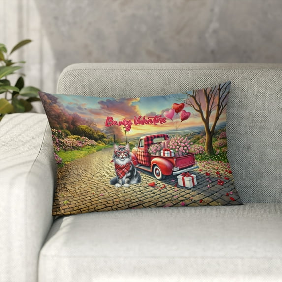 Be My Valentine's Maine Coon Truck Full of Love Flower Balloon Pillowcase Double Sided Cat Lover Kitten Owner Gifts Pillow Case Covers - 02029