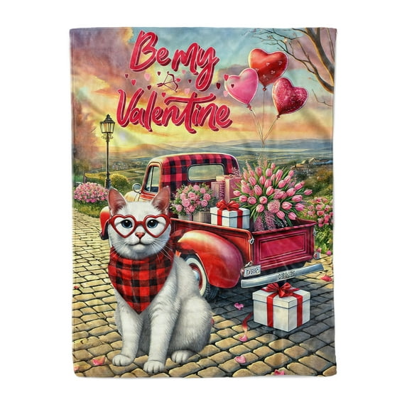Be My Valentine's Manx Truck Full of Love Flower Balloon Cozy Fleece Blanket Cat Lover Kitten Owner Gifts Warm Soft Throw Blanket - 02029