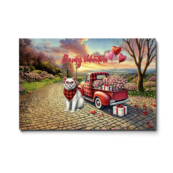 Be My Valentine's Manx Truck Full of Love Flower Balloon Horizontal Matte Canvas Poster Cat Lover Kitten Owner Gifts Wall Art Home Decor - 02029