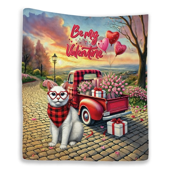 Be My Valentine's Manx Truck Full of Love Flower Balloon Quilt Blanket Cat Lover Kitten Owner Gifts Cozy Comforter Throw Blanket - 02029