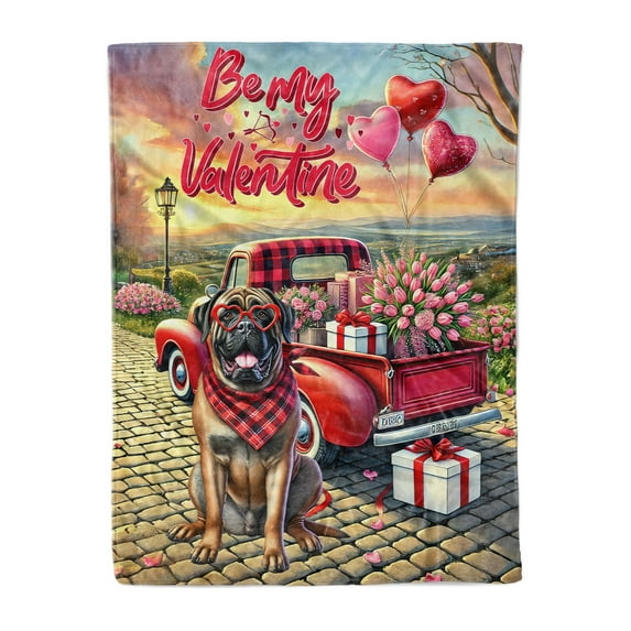 Be My Valentine's Mastiff Truck Full of Love Flower Balloon Cozy Fleece Blanket Mastiffs Dog Lover Gifts Idea Warm Soft Throw Blanket - 02029