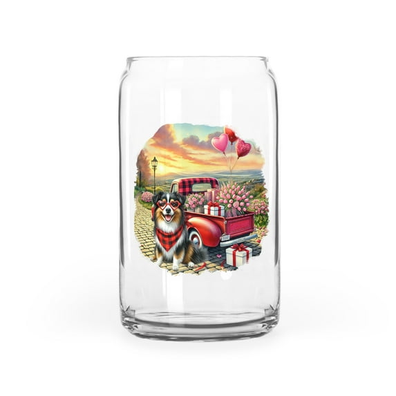 Be My Valentine's Miniature American Shepherd Truck Full of Love Flower Balloon 16oz Glass Cup Mug MAS Dog Lover Gifts Glass Can - 02029