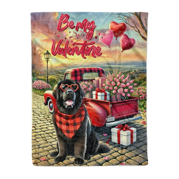 Be My Valentine's Newfoundland Truck Full of Love Flower Balloon Cozy Fleece Blanket Newfie Dog Lover Gifts Warm Soft Throw Blanket - 02029