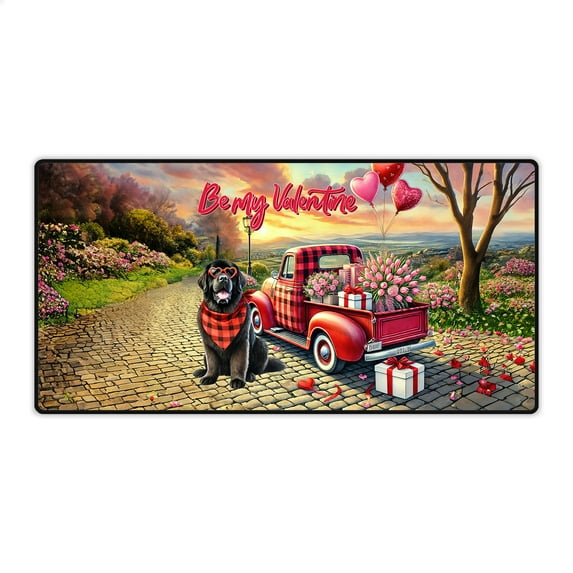 Be My Valentine's Newfoundland Truck Full of Love Flower Balloon Desk Mat Full Keyboard Mouse Pad Newfie Dog Lover Gifts Large Mousepad - 02029