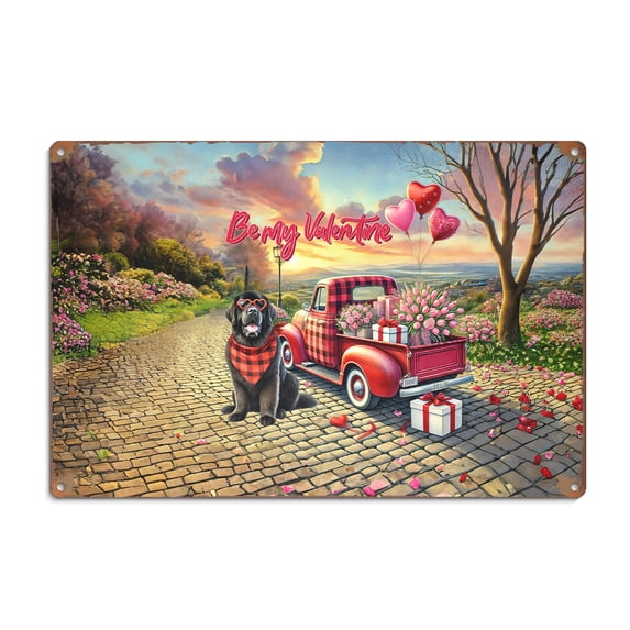 Be My Valentine's Newfoundland Truck Full of Love Flower Balloon Horizontal Metal Aluminum Sign Newfie Dog Lover Gifts Wall Art Home Decor - 02029