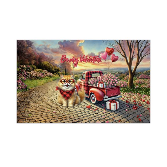Be My Valentine's Persian Truck Full of Love Flower Balloon Doormat Cat Lover Kitten Owner Gifts Indoor Outdoor Welcome Mat - 02029