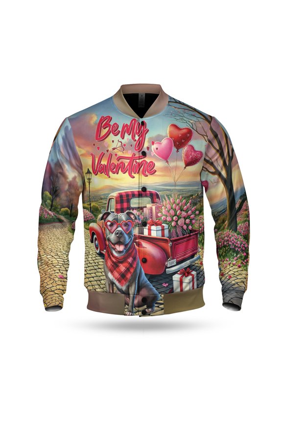 Be My Valentine's Pitbull Truck Full of Love Flower Balloon All Over Print 3D Baseball Jacket Terrier Dog Lover Bomber Jacket Softball - 02029