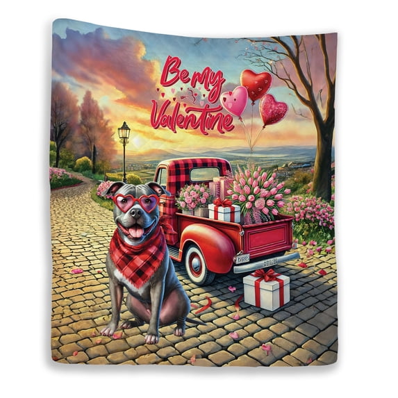 Be My Valentine's Pitbull Truck Full of Love Flower Balloon Quilt Blanket Terrier Dog Lover Cozy Comforter Throw Blanket - 02029