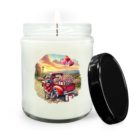 Be My Valentine's Pitbull Truck Full of Love Flower Balloon Soy Wax Candle Terrier Dog Lover 16oz White Vanilla Candle - 02029
