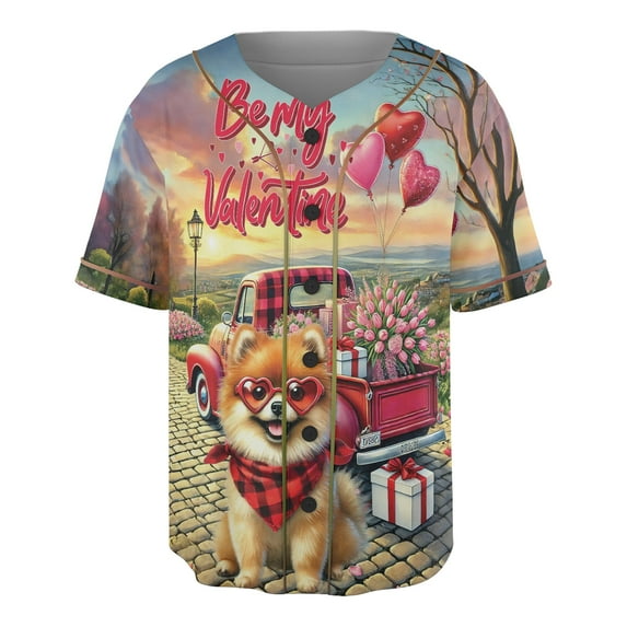 Be My Valentine's Pomeranian Truck Full of Love Flower Balloon All Over Print 3D Baseball Shirt Pom Dog Lover Gifts Softball Sport - 02029