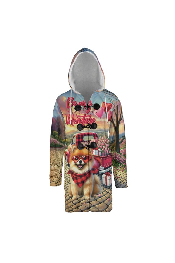 Be My Valentine's Pomeranian Truck Full of Love Flower Balloon All Over Print 3D Hooded Duffle Toggle Coat Pom Dog Lover Gifts - 02029