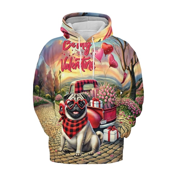 Be My Valentine's Pug Truck Full of Love Flower Balloon All Over Print 3D Hoodie Unisex Merch Hoodies Dog Lover Gifts - 02029
