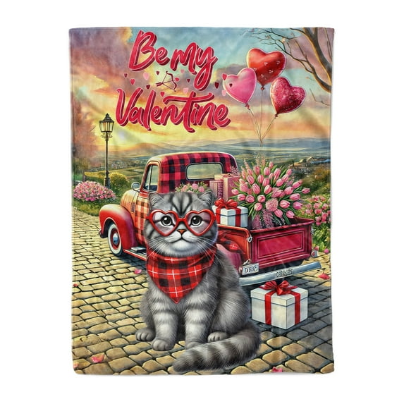 Be My Valentine's Scottish Fold Truck Full of Love Flower Balloon Cozy Fleece Blanket Cat Lover Kitten Owner Gifts Warm Soft Throw Blanket - 02029