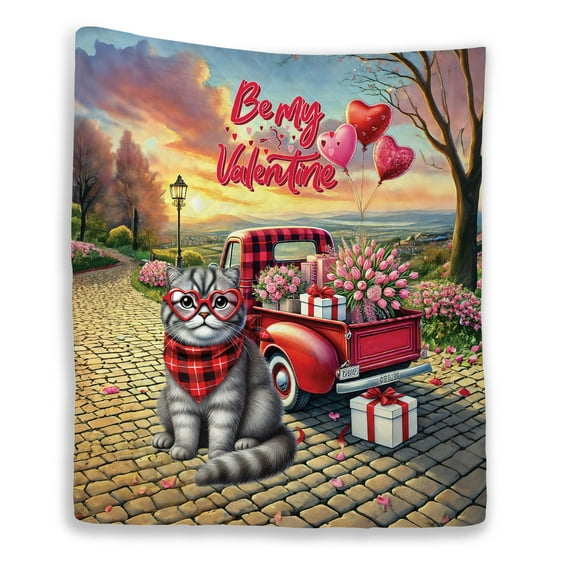 Be My Valentine's Scottish Fold Truck Full of Love Flower Balloon Quilt Blanket Cat Lover Kitten Owner Gifts Cozy Comforter Throw Blanket - 02029