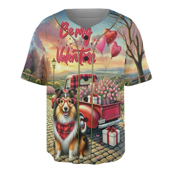 Be My Valentine's Shetland Sheepdog Truck Full of Love Flower Balloon All Over Print 3D Baseball Shirt Sheltie Dog Lover Gifts Softball Sport - 02029