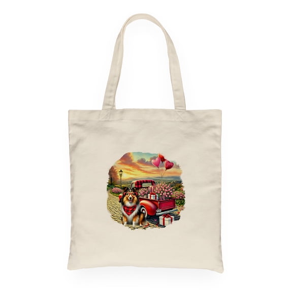Be My Valentine's Shetland Sheepdog Truck Full of Love Flower Balloon Canvas Tote Bag Sheltie Dog Lover Gifts Reusable Shopping Grocery Bag - 02029