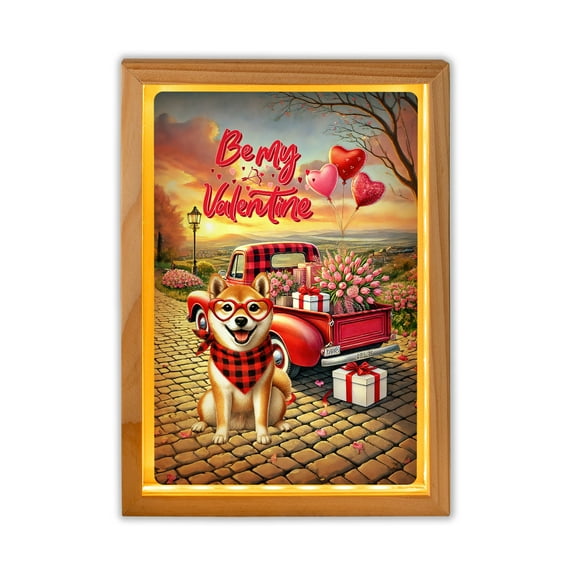 Be My Valentine's Shiba Inu Truck Full of Love Flower Balloon Acrylic Plaque with Wood Photo Frame Box Shibas Dog Lovers Gifts Idea Light Box - 02029