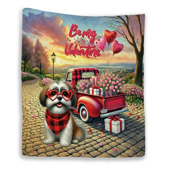 Be My Valentine's Shih Tzu Truck Full of Love Flower Balloon Quilt Blanket Lion Dog Lover Gifts Cozy Comforter Throw Blanket - 02029