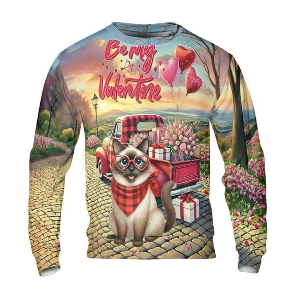 Be My Valentine's Siamese Truck Full of Love Flower Balloon All Over Print 3D Sweatshirt Unisex Merch Cat Lover Kitten Owner Gifts - 02029