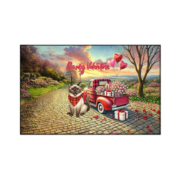Be My Valentine's Siamese Truck Full of Love Flower Balloon Indoor Rug Cat Lover Kitten Owner Gifts Carpet Living Bed Room Sofa Home Decor - 02029