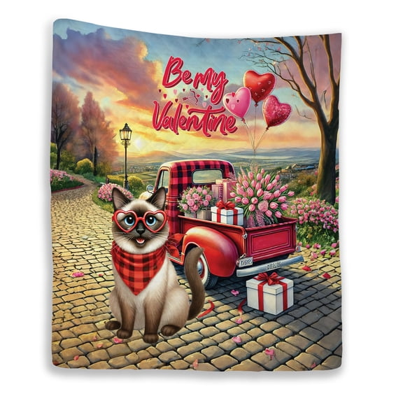 Be My Valentine's Siamese Truck Full of Love Flower Balloon Quilt Blanket Cat Lover Kitten Owner Gifts Cozy Comforter Throw Blanket - 02029