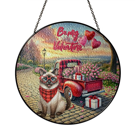 Be My Valentine's Siamese Truck Full of Love Flower Balloon Stained Glass Suncatcher Cat Lover Kitten Owner Gifts Window Hanging Sign Decor - 02029