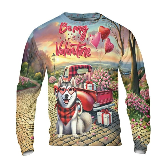 Be My Valentine's Siberian Husky Truck Full of Love Flower Balloon All Over Print 3D Sweatshirt Unisex Merch Husky Dog Lover Gifts - 02029