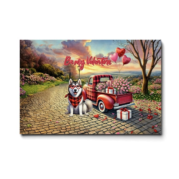 Be My Valentine's Siberian Husky Truck Full of Love Flower Balloon Horizontal Matte Canvas Poster Husky Dog Lover Gifts Wall Art Home Decor - 02029